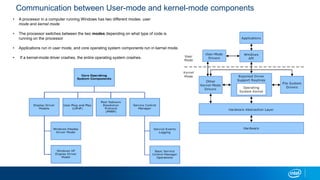 Communication between User-mode and kernel-mode components
? A processor in a computer running Windows has two different modes: user
mode and kernel mode
? The processor switches between the two modes depending on what type of code is
running on the processor
? Applications run in user mode, and core operating system components run in kernel mode.
? If a kernel-mode driver crashes, the entire operating system crashes.
 