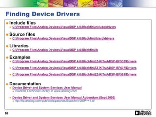 Finding Device Drivers
! Include         files
     "   C:Program FilesAnalog DevicesVisualDSP 4.0Blackfinincludedrivers

! Source          files
     "   C:Program FilesAnalog DevicesVisualDSP 4.0Blackfinlibsrcdrivers

! Libraries
     "   C:Program FilesAnalog DevicesVisualDSP 4.0Blackfinlib

! Examples
     "   C:Program FilesAnalog DevicesVisualDSP 4.0BlackfinEZ-KITsADSP-BF533Drivers

     "   C:Program FilesAnalog DevicesVisualDSP 4.0BlackfinEZ-KITsADSP-BF537Drivers

     "   C:Program FilesAnalog DevicesVisualDSP 4.0BlackfinEZ-KITsADSP-BF561Drivers


! Documentation
  " Device Driver and System Services User Manual
    ! Blackfin Technical Library at www.analog.com


     "   Device Driver and System Services User Manual Addendum (Sept 2005)
         ! ftp://ftp.analog.com/pub/tools/patches/Blackfin/VDSP++4.0/




10
 