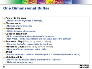 One Dimensional Buffer

!    Pointer to the data
     "   Data can exist anywhere in memory
!    Element count
     "   Number of data elements
!    Element width
     "   Width, in bytes, of an element
!    Callback parameter
     "   NULL – no callback when the buffer is processed
     "   Non-NULL – callback generated and this value passed to callback
!    Processed Flag (filled in by device driver)
     "   Set when the buffer is processed by the driver
!    Processed Count (filled in by device driver)
     "   Number of bytes processed in the buffer
!    pNext
     "   Pointer to the next buffer in the chain (NULL if the last/only buffer in chain)
!    pAdditionalInfo
     "   Pointer to any device specific information for the buffer
     "   Not used by most devices

21
 