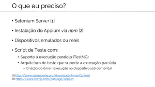 • Selenium Server [1]
• Instalação do Appium via npm [2]
• Dispositivos emulados ou reais
• Script de Teste com:
• Suporte a execução paralela (TestNG)
• Arquitetura de teste que suporte a execução paralela
• Criação do driver (execução no dispositivo sob demanda)
O que eu preciso?
[1] http://www.seleniumhq.org/download/#mainContent
[2] https://www.npmjs.com/package/appium
 