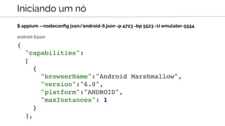 $ appium --nodeconfig json/android-6.json -p 4723 -bp 5523 -U emulator-5554
Iniciando um nó
{
"capabilities":
[
{
"browserName":"Android Marshmallow",
"version":"6.0",
"platform":"ANDROID",
"maxInstances": 1
}
],
android-6.json
 