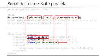 Script de Teste + Suíte paralela
private AppiumDriver<?> driver;
@Test
@Parameters( { "platform", "udid", "platformVersion"})
public void testCalculateDefaultTip(String platform, String udid,
String platformVersion) throws Exception {
<test name="Android-AVD">
<parameter name="platform" value="android"/>
<parameter name="udid" value="emulator-5554"/>
<parameter name="platformVersion" value="7.0"/>
<classes>
<class name="com.eliasnogueira.unique_script.TipTest"/>
</classes>
</test>
 