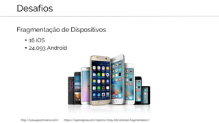 Fragmentação de Dispositivos
• 16 iOS
• 24,093 Android
Desafios
http://iossupportmatrix.com/ https://opensignal.com/reports/2015/08/android-fragmentation/
 