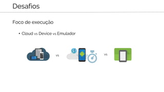 Foco de execução
• Cloud vs Device vs Emulador
Desafios
vs vs
 