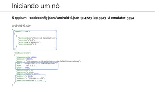 $ appium --nodeconfig json/android-6.json -p 4723 -bp 5523 -U emulator-5554
Iniciando um nó
{
"capabilities":
[
{
"browser...