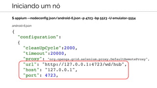 $ appium --nodeconfig json/android-6.json -p 4723 -bp 5523 -U emulator-5554
Iniciando um nó
{
"configuration":
{
"cleanUpC...