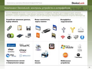 12
Компонент DeviceLock: контроль устройств и интерфейсов
Устройства хранения данных,
буфер обмена
Флеш-накопители,
карты памяти
Интерфейсы
подключения
Терминальные сессии
и виртуальные среды
Канал
печати
Мобильные
устройства
Компонент DeviceLock обеспечивает контроль доступа к устройствам и интерфейсам, событийное протоколирование (аудит), тревожные
оповещения и теневое копирование, а также реализует такие функции, как Белые списки USB-устройств и CD/DVD носителей, защиту агента
DeviceLock от локального администратора, поддержку сторонних криптопродуктов, обнаружение и блокирование аппаратных кейлоггеров и др.
Компоненты комплекса DeviceLock Endpoint DLP Suite
 