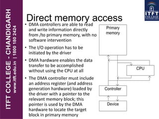 Direct memory access• DMA controllers are able to read
and write information directly
from /to primary memory, with no
software intervention
• The I/O operation has to be
initiated by the driver
• DMA hardware enables the data
transfer to be accomplished
without using the CPU at all
• The DMA controller must include
an address register (and address
generation hardware) loaded by
the driver with a pointer to the
relevant memory block; this
pointer is used by the DMA
hardware to locate the target
block in primary memory
Primary
memory
CPU
Controller
Device
 
