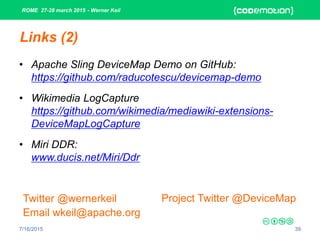 ROME 27-28 march 2015 - Werner Keil
• Apache Sling DeviceMap Demo on GitHub:
https://github.com/raducotescu/devicemap-demo
• Wikimedia LogCapture
https://github.com/wikimedia/mediawiki-extensions-
DeviceMapLogCapture
• Miri DDR:
www.ducis.net/Miri/Ddr
7/16/2015 39
Twitter @wernerkeil
Email wkeil@apache.org
Project Twitter @DeviceMap
Links (2)
 