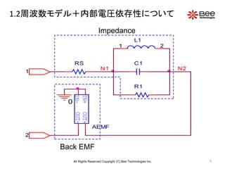 5
1.2周波数モデル＋内部電圧依存性について
2
IN+
IN-
OUT+
OUT-
AEMF
L1
1 2
C1
R1
N1
1
0
N2
RS
Impedance
Back EMF
All Rights Reserved Copyright (C) Bee Technologies Inc.
 