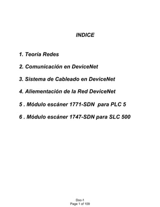 1. Teoría Redes
INDICE
2. Comunicación en DeviceNet
3. Sistema de Cableado en DeviceNet
5 . Módulo escáner 1771-SDN para PLC 5
4. Aliementación de la Red DeviceNet
6 . Módulo escáner 1747-SDN para SLC 500
Doc-1
Page 1 of 109
 