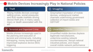 13
Mobile Devices Increasingly Play in National Policies
Theft Smuggling
Rising mobile devices average
selling prices, social pressures
and fluid resale markets driving
device theft and, in many cases,
injury or death associated with the
act
Greymarket importation of mobile
devices, underground market
channels undermining government
collection of import duties and
GST/VAT
Terrorism and Organized Crime Uncertified Devices
Mobile phones increasingly used in
the planning and execution of
terrorist and criminal acts, including
kidnapping, money laundering and
improvised explosive device (IED)
triggering
Uncertified mobile devices displace
legitimate manufacturers,
undermine existing network
countermeasures, disrupt national
industrial policies, and impact
overall mobile network performance
 
