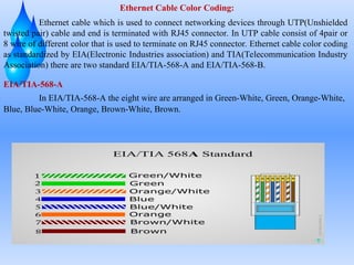 Ethernet Cable Color Coding:
Ethernet cable which is used to connect networking devices through UTP(Unshielded
twisted pair) cable and end is terminated with RJ45 connector. In UTP cable consist of 4pair or
8 wire of different color that is used to terminate on RJ45 connector. Ethernet cable color coding
as standardized by EIA(Electronic Industries association) and TIA(Telecommunication Industry
Association) there are two standard EIA/TIA-568-A and EIA/TIA-568-B.
EIA/TIA-568-A
In EIA/TIA-568-A the eight wire are arranged in Green-White, Green, Orange-White,
Blue, Blue-White, Orange, Brown-White, Brown.
 