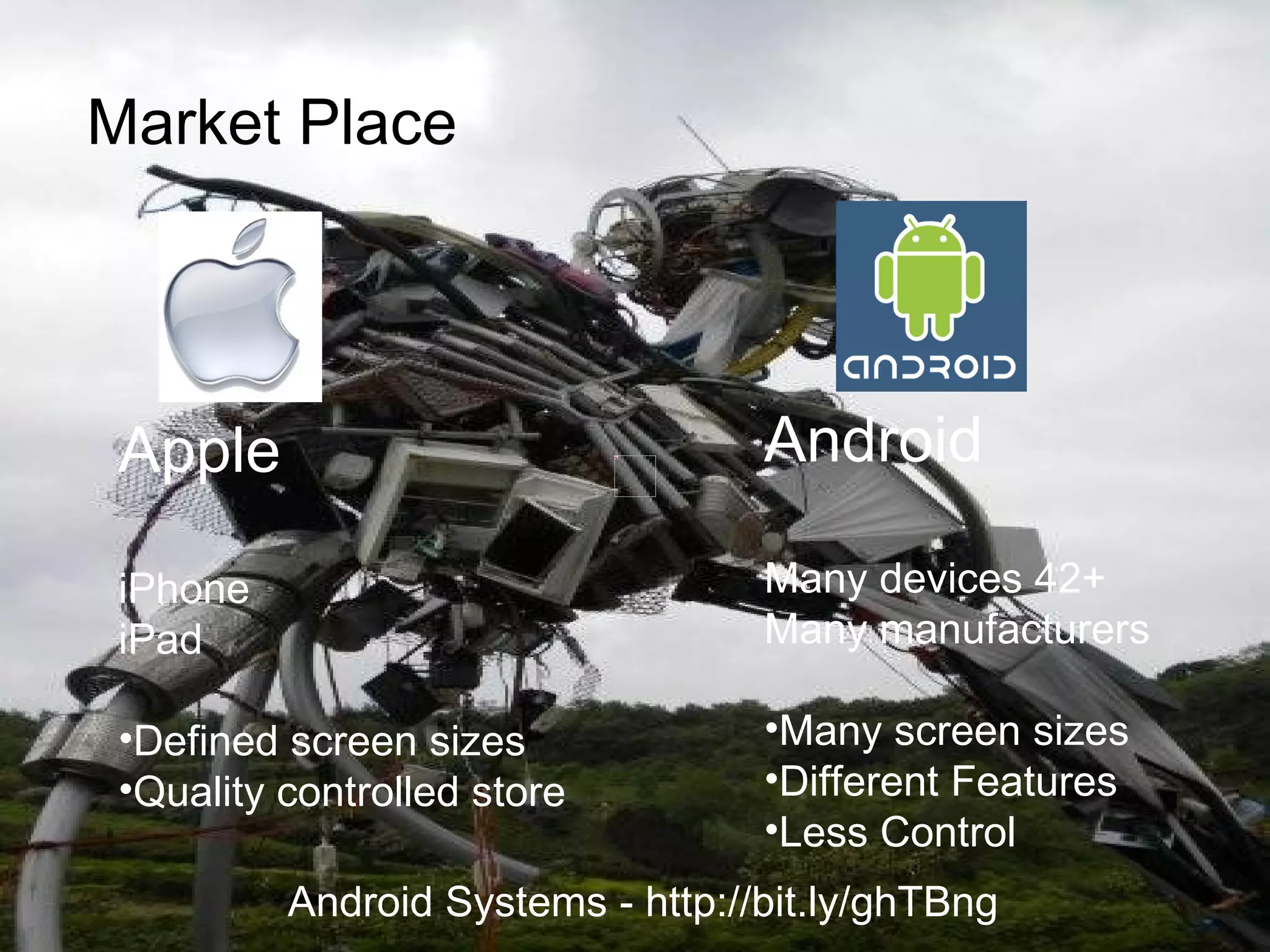 Market Place Apple iPhone iPad Defined screen sizes Quality controlled store / Android Many devices 42+ Many manufacturers Many screen sizes Different Features Less Control Android Systems - http://bit.ly/ghTBng 