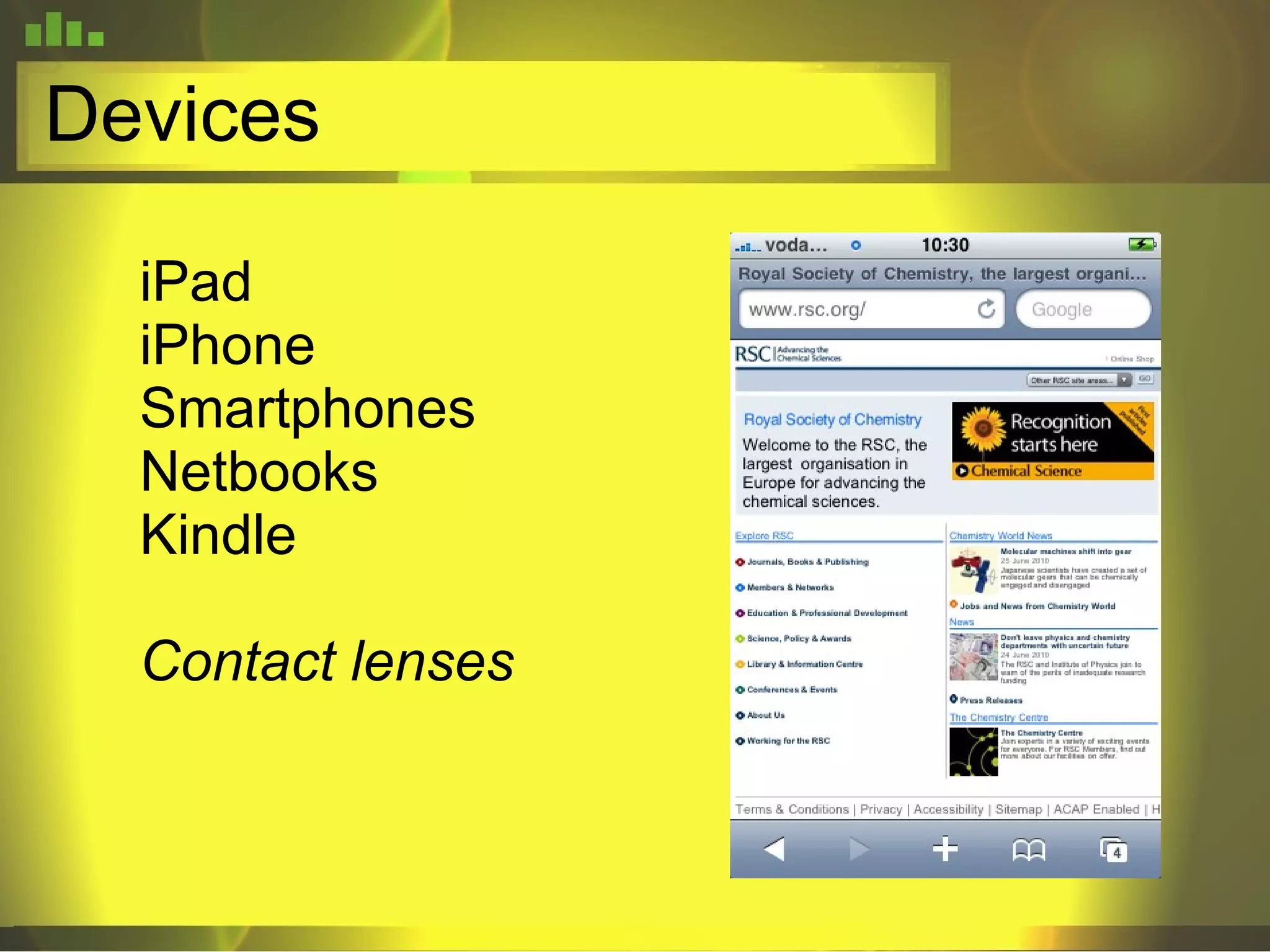 Devices iPad iPhone Smartphones Netbooks Kindle Contact lenses 