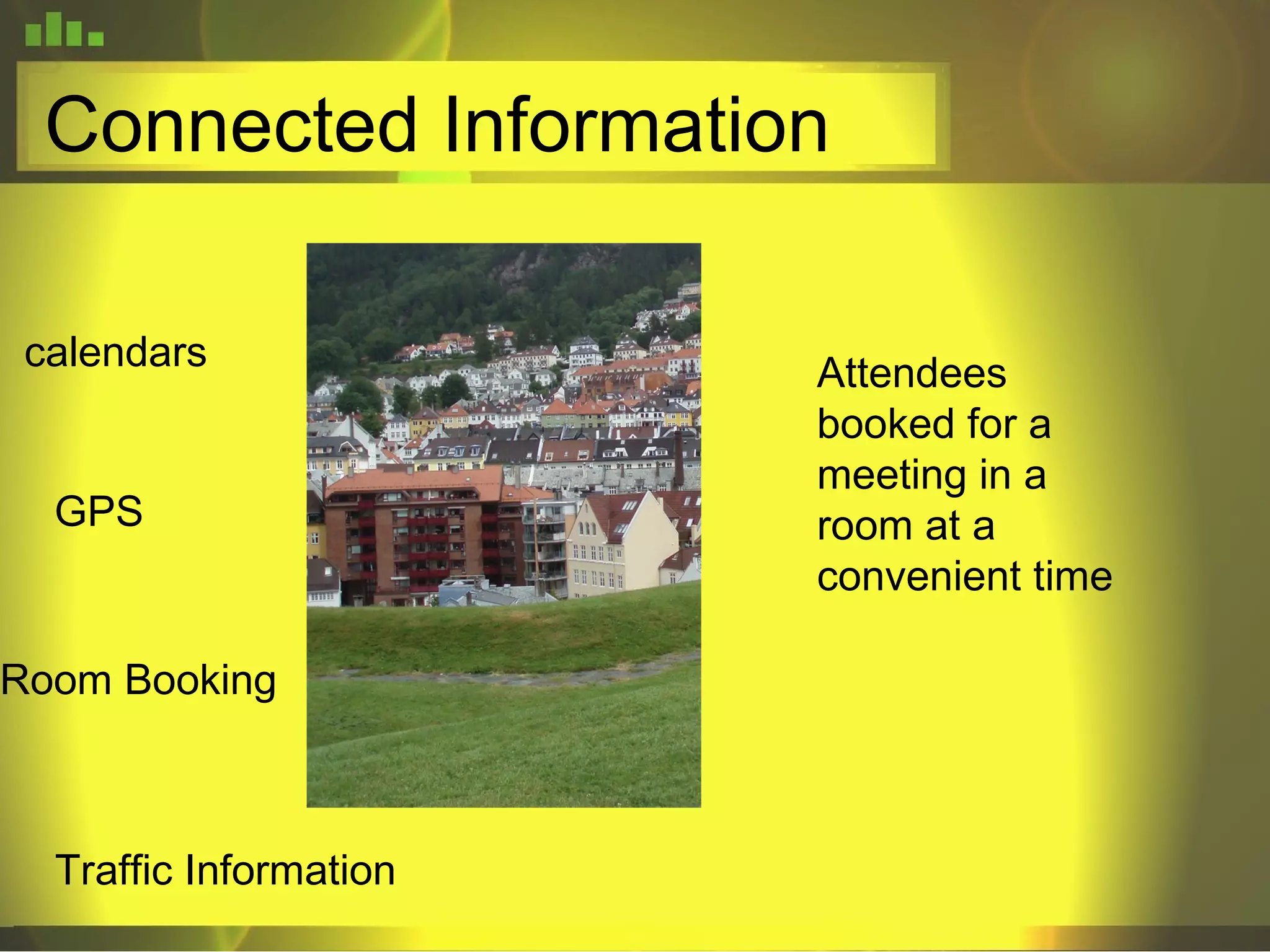 Connected Information Attendees booked for a meeting in a room at a convenient time calendars GPS Traffic Information Room Booking 