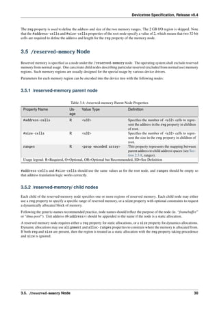 Devicetree Specification, Release v0.4
The reg property is used to define the address and size of the two memory ranges. The 2 GB I/O region is skipped. Note
that the #address-cells and #size-cells properties of the root node specify a value of 2, which means that two 32-bit
cells are required to define the address and length for the reg property of the memory node.
3.5 /reserved-memory Node
Reserved memory is specified as a node under the /reserved-memory node. The operating system shall exclude reserved
memory from normal usage. One can create child nodes describing particular reserved (excluded from normal use) memory
regions. Such memory regions are usually designed for the special usage by various device drivers.
Parameters for each memory region can be encoded into the device tree with the following nodes:
3.5.1 /reserved-memory parent node
Table 3.4: /reserved-memory Parent Node Properties
Property Name Us-
age
Value Type Definition
#address-cells R <u32> Specifies the number of <u32> cells to repre-
sent the address in the reg property in children
of root.
#size-cells R <u32> Specifies the number of <u32> cells to repre-
sent the size in the reg property in children of
root.
ranges R <prop encoded array> This property represents the mapping between
parent address to child address spaces (see Sec-
tion 2.3.8, ranges).
Usage legend: R=Required, O=Optional, OR=Optional but Recommended, SD=See Definition
#address-cells and #size-cells should use the same values as for the root node, and ranges should be empty so
that address translation logic works correctly.
3.5.2 /reserved-memory/ child nodes
Each child of the reserved-memory node specifies one or more regions of reserved memory. Each child node may either
use a reg property to specify a specific range of reserved memory, or a size property with optional constraints to request
a dynamically allocated block of memory.
Following the generic-names recommended practice, node names should reflect the purpose of the node (ie. “framebuffer”
or “dma-pool”). Unit address (@<address>) should be appended to the name if the node is a static allocation.
A reserved memory node requires either a reg property for static allocations, or a size property for dynamics allocations.
Dynamic allocations may use alignment and alloc-ranges properties to constrain where the memory is allocated from.
If both reg and size are present, then the region is treated as a static allocation with the reg property taking precedence
and size is ignored.
3.5. /reserved-memory Node 30
 