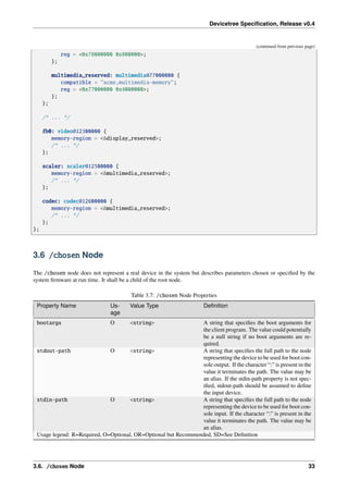 Devicetree Specification, Release v0.4
(continued from previous page)
reg = <0x78000000 0x800000>;
};
multimedia_reserved: multimedia@77000000 {
compatible = "acme,multimedia-memory";
reg = <0x77000000 0x4000000>;
};
};
/* ... */
fb0: video@12300000 {
memory-region = <&display_reserved>;
/* ... */
};
scaler: scaler@12500000 {
memory-region = <&multimedia_reserved>;
/* ... */
};
codec: codec@12600000 {
memory-region = <&multimedia_reserved>;
/* ... */
};
};
3.6 /chosen Node
The /chosen node does not represent a real device in the system but describes parameters chosen or specified by the
system firmware at run time. It shall be a child of the root node.
Table 3.7: /chosen Node Properties
Property Name Us-
age
Value Type Definition
bootargs O <string> A string that specifies the boot arguments for
the client program. The value could potentially
be a null string if no boot arguments are re-
quired.
stdout-path O <string> A string that specifies the full path to the node
representing the device to be used for boot con-
sole output. If the character “:” is present in the
value it terminates the path. The value may be
an alias. If the stdin-path property is not spec-
ified, stdout-path should be assumed to define
the input device.
stdin-path O <string> A string that specifies the full path to the node
representing the device to be used for boot con-
sole input. If the character “:” is present in the
value it terminates the path. The value may be
an alias.
Usage legend: R=Required, O=Optional, OR=Optional but Recommended, SD=See Definition
3.6. /chosen Node 33
 