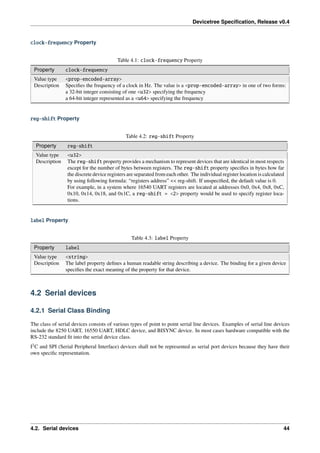 Devicetree Specification, Release v0.4
clock-frequency Property
Table 4.1: clock-frequency Property
Property clock-frequency
Value type <prop-encoded-array>
Description Specifies the frequency of a clock in Hz. The value is a <prop-encoded-array> in one of two forms:
a 32-bit integer consisting of one <u32> specifying the frequency
a 64-bit integer represented as a <u64> specifying the frequency
reg-shift Property
Table 4.2: reg-shift Property
Property reg-shift
Value type <u32>
Description The reg-shift property provides a mechanism to represent devices that are identical in most respects
except for the number of bytes between registers. The reg-shift property specifies in bytes how far
the discrete device registers are separated from each other. The individual register location is calculated
by using following formula: “registers address” << reg-shift. If unspecified, the default value is 0.
For example, in a system where 16540 UART registers are located at addresses 0x0, 0x4, 0x8, 0xC,
0x10, 0x14, 0x18, and 0x1C, a reg-shift = <2> property would be used to specify register loca-
tions.
label Property
Table 4.3: label Property
Property label
Value type <string>
Description The label property defines a human readable string describing a device. The binding for a given device
specifies the exact meaning of the property for that device.
4.2 Serial devices
4.2.1 Serial Class Binding
The class of serial devices consists of various types of point to point serial line devices. Examples of serial line devices
include the 8250 UART, 16550 UART, HDLC device, and BISYNC device. In most cases hardware compatible with the
RS-232 standard fit into the serial device class.
I2
C and SPI (Serial Peripheral Interface) devices shall not be represented as serial port devices because they have their
own specific representation.
4.2. Serial devices 44
 