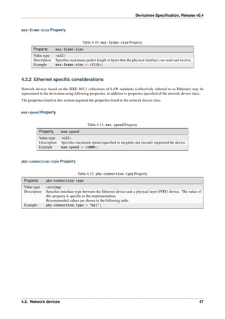 Devicetree Specification, Release v0.4
max-frame-size Property
Table 4.10: max-frame-size Property
Property max-frame-size
Value type <u32>
Description Specifies maximum packet length in bytes that the physical interface can send and receive.
Example max-frame-size = <1518>;
4.3.2 Ethernet specific considerations
Network devices based on the IEEE 802.3 collections of LAN standards (collectively referred to as Ethernet) may be
represented in the devicetree using following properties, in addition to properties specified of the network device class.
The properties listed in this section augment the properties listed in the network device class.
max-speed Property
Table 4.11: max-speed Property
Property max-speed
Value type <u32>
Description Specifies maximum speed (specified in megabits per second) supported the device.
Example max-speed = <1000>;
phy-connection-type Property
Table 4.12: phy-connection-type Property
Property phy-connection-type
Value type <string>
Description Specifies interface type between the Ethernet device and a physical layer (PHY) device. The value of
this property is specific to the implementation.
Recommended values are shown in the following table.
Example phy-connection-type = "mii";
4.3. Network devices 47
 