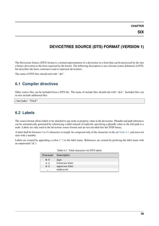CHAPTER
SIX
DEVICETREE SOURCE (DTS) FORMAT (VERSION 1)
The Devicetree Source (DTS) format is a textual representation of a devicetree in a form that can be processed by dtc into
a binary devicetree in the form expected by the kernel. The following description is not a formal syntax definition of DTS,
but describes the basic constructs used to represent devicetrees.
The name of DTS files should end with “.dts”.
6.1 Compiler directives
Other source files can be included from a DTS file. The name of include files should end with “.dtsi”. Included files can
in turn include additional files.
/include/ "FILE"
6.2 Labels
The source format allows labels to be attached to any node or property value in the devicetree. Phandle and path references
can be automatically generated by referencing a label instead of explicitly specifying a phandle value or the full path to a
node. Labels are only used in the devicetree source format and are not encoded into the DTB binary.
A label shall be between 1 to 31 characters in length, be composed only of the characters in the set Table 6.1, and must not
start with a number.
Labels are created by appending a colon (‘:’) to the label name. References are created by prefixing the label name with
an ampersand (’&’).
Table 6.1: Valid characters for DTS labels
Character Description
0-9 digit
a-z lowercase letter
A-Z uppercase letter
_ underscore
56
 