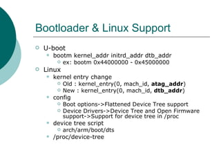Bootloader & Linux Support <ul><li>U-boot </li></ul><ul><ul><li>bootm kernel_addr initrd_addr dtb_addr </li></ul></ul><ul>...