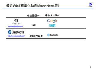 最近のIoT標準化動向(SmartHome等)
6
128
2000社以上
参加社/団体 中心メンバー
http://threadgroup.org/
http://www.bluetooth.com/
 