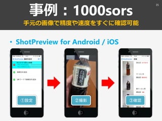事例：1000sors
手元の画像で精度や速度をすぐに確認可能
• ShotPreview for Android / iOS
①設定 ②撮影 ③確認
35
 