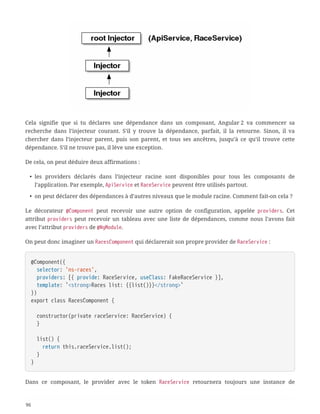 Cela signifie que si tu déclares une dépendance dans un composant, Angular 2 va commencer sa
recherche dans l’injecteur courant. S’il y trouve la dépendance, parfait, il la retourne. Sinon, il va
chercher dans l’injecteur parent, puis son parent, et tous ses ancêtres, jusqu’à ce qu’il trouve cette
dépendance. S’il ne trouve pas, il lève une exception.
De cela, on peut déduire deux affirmations :
• les providers déclarés dans l’injecteur racine sont disponibles pour tous les composants de
l’application. Par exemple, ApiService et RaceService peuvent être utilisés partout.
• on peut déclarer des dépendances à d’autres niveaux que le module racine. Comment fait-on cela ?
Le décorateur @Component peut recevoir une autre option de configuration, appelée providers. Cet
attribut providers peut recevoir un tableau avec une liste de dépendances, comme nous l’avons fait
avec l’attribut providers de @NgModule.
On peut donc imaginer un RacesComponent qui déclarerait son propre provider de RaceService :
@Component({
  selector: 'ns-races',
  providers: [{ provide: RaceService, useClass: FakeRaceService }],
  template: `<strong>Races list: {{list()}}</strong>`
})
export class RacesComponent {
  constructor(private raceService: RaceService) {
  }
  list() {
  return this.raceService.list();
  }
}
Dans ce composant, le provider avec le token RaceService retournera toujours une instance de
96
 