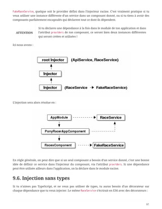 FakeRaceService, quelque soit le provider défini dans l’injecteur racine. C’est vraiment pratique si tu
veux utiliser une instance différente d’un service dans un composant donné, ou si tu tiens à avoir des
composants parfaitement encapsulés qui déclarent tout ce dont ils dépendent.
ATTENTION
Si tu déclares une dépendance à la fois dans le module de ton application et dans
l’attribut providers de ton composant, ce seront bien deux instances différentes
qui seront créées et utilisées !
Ici nous avons :
L’injection sera alors résolue en :
En règle générale, on peut dire que si un seul composant a besoin d’un service donné, c’est une bonne
idée de définir ce service dans l’injecteur du composant, via l’attribut providers. Si une dépendance
peut être utilisée ailleurs dans l’application, on la déclare dans le module racine.
9.6. Injection sans types
Si tu n’aimes pas TypeScript, et ne veux pas utiliser de types, tu auras besoin d’un décorateur sur
chaque dépendance que tu veux injecter. Le même RaceService s’écrirait en ES6 avec des décorateurs :
97
 