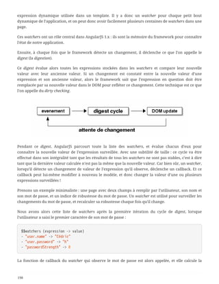 expression dynamique utilisée dans un template. Il y a donc un watcher pour chaque petit bout
dynamique de l’application, et on peut donc avoir facilement plusieurs centaines de watchers dans une
page.
Ces watchers ont un rôle central dans AngularJS 1.x : ils sont la mémoire du framework pour connaître
l’état de notre application.
Ensuite, à chaque fois que le framework détecte un changement, il déclenche ce que l’on appelle le
digest (la digestion).
Ce digest évalue alors toutes les expressions stockées dans les watchers et compare leur nouvelle
valeur avec leur ancienne valeur. Si un changement est constaté entre la nouvelle valeur d’une
expression et son ancienne valeur, alors le framework sait que l’expression en question doit être
remplacée par sa nouvelle valeur dans le DOM pour refléter ce changement. Cette technique est ce que
l’on appelle du dirty checking.
Pendant ce digest, AngularJS parcourt toute la liste des watchers, et évalue chacun d’eux pour
connaître la nouvelle valeur de l’expression surveillée. Avec une subtilité de taille : ce cycle va être
effectué dans son intégralité tant que les résultats de tous les watchers ne sont pas stables, c’est à dire
tant que la dernière valeur calculée n’est pas la même que la nouvelle valeur. Car bien sûr, un watcher,
lorsqu’il détecte un changement de valeur de l’expression qu’il observe, déclenche un callback. Et ce
callback peut lui-même modifier à nouveau le modèle, et donc changer la valeur d’une ou plusieurs
expressions surveillées !
Prenons un exemple minimaliste : une page avec deux champs à remplir par l’utilisateur, son nom et
son mot de passe, et un indice de robustesse du mot de passe. Un watcher est utilisé pour surveiller les
changements du mot de passe, et recalculer sa robustesse chaque fois qu’il change.
Nous avons alors cette liste de watchers après la première itération du cycle de digest, lorsque
l’utilisateur a saisi le premier caractère de son mot de passe :
$$watchers (expression -> value)
- "user.name" -> "Cédric"
- "user.password" -> "h"
- "passwordStrength" -> 0
La fonction de callback du watcher qui observe le mot de passe est alors appelée, et elle calcule la
198
 