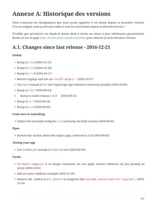 Annexe A: Historique des versions
Voici ci-dessous les changements que nous avons apportés à cet ebook depuis sa première version.
C’est en anglais, mais ça devrait t’aider à voir les nouveautés depuis ta dernière lecture !
N’oublie pas qu’acheter cet ebook te donne droit à toutes ses mises à jour ultérieures, gratuitement.
Rends-toi sur la page https://books.ninja-squad.com/claim pour obtenir la toute dernière version.
A.1. Changes since last release - 2016-12-21
Global
• Bump to 2.4.0 (2016-12-21)
• Bump to 2.2.0 (2016-11-18)
• Bump to 2.1.0 (2016-10-17)
• Remove typings and use npm install @types/… (2016-10-17)
• Use const instead of let and TypeScript type inference whenever possible (2016-10-01)
• Bump to 2.0.1 (2016-09-24)
• Ἰ Bump to stable release 2.0.0 Ἰ (2016-09-15)
• Bump to rc.7 (2016-09-14)
• Bump to rc.6 (2016-09-05)
From zero to something
• Update the SystemJS config for rc.6 and bump the RxJS version (2016-09-05)
Pipes
• Remove the section about the replace pipe, removed in rc.6 (2016-09-05)
Testing your app
• Use TestBed.get instead of inject in tests (2016-09-30)
Forms
• Validators.compose() is no longer necessary, we can apply several validators by just passing an
array. (2016-12-01)
• Add an async validator example (2016-11-18)
• Remove the useless (2.2+) .control in templates like username.control.hasError('required'). (2016-
11-18)
221
 