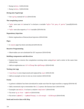 • Bump to beta.3 (2016-03-04)
• Bump to beta.2 (2016-03-04)
Diving into TypeScript
• Use typings instead of tsd. (2016-03-04)
The templating syntax
• *ngFor now uses let instead of to declare a variable *ngFor="let pony of ponies" [small](2016-05-
03)#
• *ngFor now also exports a first variable (2016-04-16)
Dependency Injection
• Better explanation of hierarchical injectors (2016-03-04)
Pipes
• A replace pipe has been introduced (2016-04-16)
Reactive Programming
• Observables are not scheduled for ES7 anymore (2016-03-04)
Building components and directives
• Explain how to remove the compilation warning when using @Input and a setter at the same time
(2016-03-04)
• Add an explanation on isFirstChange for ngOnChanges (2016-03-04)
Testing your app
• injectAsync is now deprecated and replaced by async (2016-05-03)
• Add an example on how to test an event emitter (2016-03-04)
Forms
• A pattern validator has been introduced to make sure that the input matches a regexp (2016-04-16)
• Add a mnemonic tip to rememeber the [()] syntax: the banana box! (2016-03-04)
• Examples use module.id to have a relative templateUrl (2016-03-04)
• Fix error ng-no-form → ngNoForm (2016-03-04)
• Fix errors (ngModel) → (ngModelChange), is-old-enough → isOldEnough (2016-03-04)
Send and receive data with Http
224
 