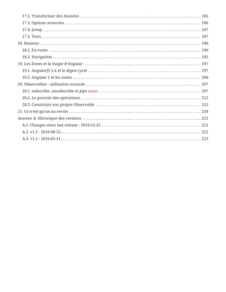 17.2. Transformer des données . . . . . . . . . . . . . . . . . . . . . . . . . . . . . . . . . . . . . . . . . . . . . . . . . . . . . . . . . . . . .  185
17.3. Options avancées . . . . . . . . . . . . . . . . . . . . . . . . . . . . . . . . . . . . . . . . . . . . . . . . . . . . . . . . . . . . . . . . . . . . .  186
17.4. Jsonp . . . . . . . . . . . . . . . . . . . . . . . . . . . . . . . . . . . . . . . . . . . . . . . . . . . . . . . . . . . . . . . . . . . . . . . . . . . . . . . .  187
17.5. Tests. . . . . . . . . . . . . . . . . . . . . . . . . . . . . . . . . . . . . . . . . . . . . . . . . . . . . . . . . . . . . . . . . . . . . . . . . . . . . . . . .  187
18. Routeur. . . . . . . . . . . . . . . . . . . . . . . . . . . . . . . . . . . . . . . . . . . . . . . . . . . . . . . . . . . . . . . . . . . . . . . . . . . . . . . . . .  190
18.1. En route . . . . . . . . . . . . . . . . . . . . . . . . . . . . . . . . . . . . . . . . . . . . . . . . . . . . . . . . . . . . . . . . . . . . . . . . . . . . .  190
18.2. Navigation . . . . . . . . . . . . . . . . . . . . . . . . . . . . . . . . . . . . . . . . . . . . . . . . . . . . . . . . . . . . . . . . . . . . . . . . . . .  192
19. Les Zones et la magie d’Angular . . . . . . . . . . . . . . . . . . . . . . . . . . . . . . . . . . . . . . . . . . . . . . . . . . . . . . . . . . .  197
19.1. AngularJS 1.x et le digest cycle . . . . . . . . . . . . . . . . . . . . . . . . . . . . . . . . . . . . . . . . . . . . . . . . . . . . . . . . .  197
19.2. Angular 2 et les zones . . . . . . . . . . . . . . . . . . . . . . . . . . . . . . . . . . . . . . . . . . . . . . . . . . . . . . . . . . . . . . . . .  200
20. Observables : utilisation avancée . . . . . . . . . . . . . . . . . . . . . . . . . . . . . . . . . . . . . . . . . . . . . . . . . . . . . . . . . .  207
20.1. subscribe, unsubscribe et pipe async . . . . . . . . . . . . . . . . . . . . . . . . . . . . . . . . . . . . . . . . . . . . . . . . . . . .  207
20.2. Le pouvoir des opérateurs . . . . . . . . . . . . . . . . . . . . . . . . . . . . . . . . . . . . . . . . . . . . . . . . . . . . . . . . . . . . .  212
20.3. Construire son propre Observable . . . . . . . . . . . . . . . . . . . . . . . . . . . . . . . . . . . . . . . . . . . . . . . . . . . . .  215
21. Ce n’est qu’un au revoir . . . . . . . . . . . . . . . . . . . . . . . . . . . . . . . . . . . . . . . . . . . . . . . . . . . . . . . . . . . . . . . . . . .  218
Annexe A: Historique des versions . . . . . . . . . . . . . . . . . . . . . . . . . . . . . . . . . . . . . . . . . . . . . . . . . . . . . . . . . . . .  221
A.1. Changes since last release - 2016-12-21 . . . . . . . . . . . . . . . . . . . . . . . . . . . . . . . . . . . . . . . . . . . . . . . . . .  221
A.2. v1.2 - 2016-08-25. . . . . . . . . . . . . . . . . . . . . . . . . . . . . . . . . . . . . . . . . . . . . . . . . . . . . . . . . . . . . . . . . . . . . . .  222
A.3. v1.1 - 2016-05-11. . . . . . . . . . . . . . . . . . . . . . . . . . . . . . . . . . . . . . . . . . . . . . . . . . . . . . . . . . . . . . . . . . . . . . .  223
 
