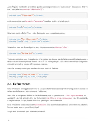 Ainsi Angular 2 utilise les propriétés. Quelles valeurs pouvons-nous leur donner ? Nous avions déjà vu
que l’interpolation property="{{expression}}" :
<ns-pony name="{{pony.name}}"></ns-pony>
est la même chose que [property]="expression" (que l’on préfère généralement) :
<ns-pony [name]="pony.name"></ns-pony>
Si tu veux plutôt afficher 'Pony ' suivi du nom du poney, tu as deux options :
<ns-pony name="Pony {{pony.name}}"></ns-pony>
<ns-pony [name]="'Pony ' + pony.name"></ns-pony>
Si ta valeur n’est pas dynamique, tu peux simplement écrire property="value" :
<ns-pony name="Rainbow Dash"></ns-pony>
Toutes ces notations sont équivalentes, et la syntaxe ne dépend pas de la façon dont le développeur a
choisi d’écrire son composant, comme c’était le cas en AngularJS 1.x où il fallait savoir si le composant
attendait une valeur ou une référence par exemple.
Bien sûr, une expression peut aussi contenir un appel de fonction :
<ns-pony name="{{pony.fullName()}}"></ns-pony>
<ns-pony [name]="pony.fullName()"></ns-pony>
8.4. Événements
Si tu développes une application web, tu sais qu’afficher des données n’est qu’une partie du travail : il
te faut aussi réagir aux interactions de l’utilisateur.
Pour cela, le navigateur déclenche des événements, que tu peux écouter : click, keyup, mousemove, etc…
AngularJS 1.x avait une directive par événement : ng-click, ng-keyup, ng-mousemove, etc… En Angular 2,
c’est plus simple, il n’y a plus de directives spécifiques à se remémorer.
Si on retourne à notre composant RacesComponent, nous aimerions maintenant un bouton qui affichera
les courses de poneys quand il est cliqué.
Réagir à un événement peut être fait comme suit :
70
 
