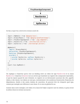 En fait, ce que l’on a écrit est la version courte de :
import { NgModule } from '@angular/core';
import { BrowserModule } from '@angular/platform-browser';
import { PonyRacerAppComponent } from './app.component';
import { RaceService } from './services/race.service';
import { ApiService } from './services/api.service';
@NgModule({
  imports: [BrowserModule],
  declarations: [PonyRacerAppComponent],
  bootstrap: [PonyRacerAppComponent],
  providers: [
  { provide: RaceService, useClass: RaceService },
  { provide: ApiService, useClass: ApiService }
  ]
})
export class AppModule {
}
On explique à l’injecteur qu’on veut un binding entre un token (le type RaceService) et la classe
RaceService. L’injecteur (Injector) est un service qui maintient un registre des composants injectables,
et qui les injecte quand ils sont réclamés. Le registre est un dictionnaire associant des clés, appelés
tokens, à des classes. Les tokens ne sont pas, contrairement à de nombreux frameworks d’injection de
dépendances, limités à des seules chaînes de caractères. Ils peuvent être de n’importe quel type,
comme par exemple une référence à une classe. Et ce sera en général le cas.
Comme dans notre exemple, si le token et la classe de l’objet à injecter sont les mêmes, tu peux écrire
la même chose en version raccourcie :
90
 