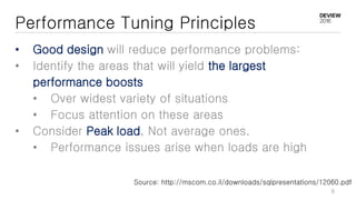• Good design will reduce performance problems:
• Identify the areas that will yield the largest
performance boosts
• Over widest variety of situations
• Focus attention on these areas
• Consider Peak load, Not average ones.
• Performance issues arise when loads are high
Performance Tuning Principles
Source: http://mscom.co.il/downloads/sqlpresentations/12060.pdf
8
 