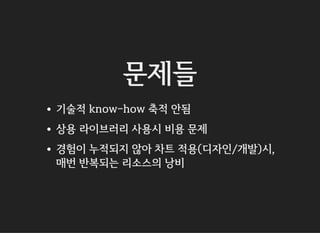 문제들
기술적 know-how 축적 안됨
상용 라이브러리 사용시 비용 문제
경험이 누적되지 않아 차트 적용(디자인/개발)시,
매번 반복되는 리소스의 낭비
 