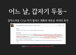 어느 날, 갑자기 두둥~
갑작스러운 C3.js 차기 릴리즈 계획과 새로운 커미터 추가
[참고] https://github.com/c3js/c3/issues/2033
 