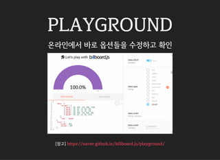 PLAYGROUND
온라인에서 바로 옵션들을 수정하고 확인
[참고] https://naver.github.io/billboard.js/playground/
 