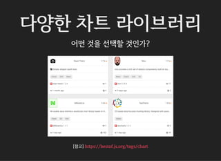 다양한 차트 라이브러리
어떤 것을 선택할 것인가?
[참고] https://bestof.js.org/tags/chart
 