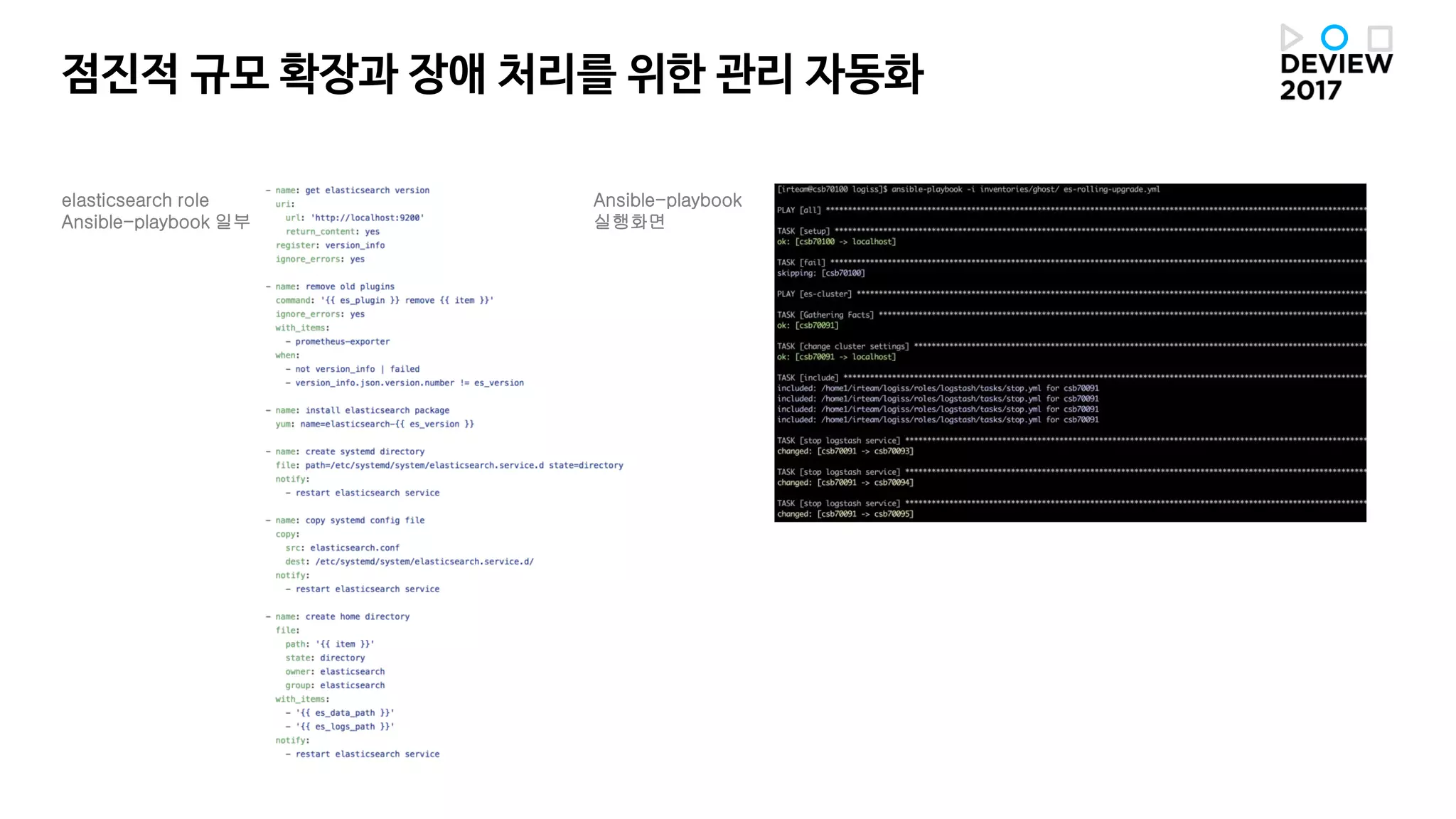 점진적 규모 확장과 장애 처리를 위한 관리 자동화
elasticsearch role
Ansible-playbook 일부
Ansible-playbook
실행화면
 