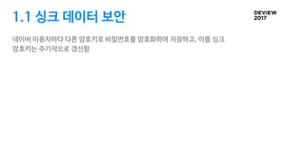 1.1 싱크 데이터 보안
네이버 이용자마다 다른 암호키로 비밀번호를 암호화하여 저장하고, 이를 싱크

암호키는 주기적으로 갱신함
 