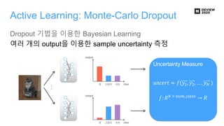 Active Learning: Monte-Carlo Dropout
Dropout 기법을 이용한 Bayesian Learning
여러 개의 output을 이용한 sample uncertainty 측정
…
Uncertain...