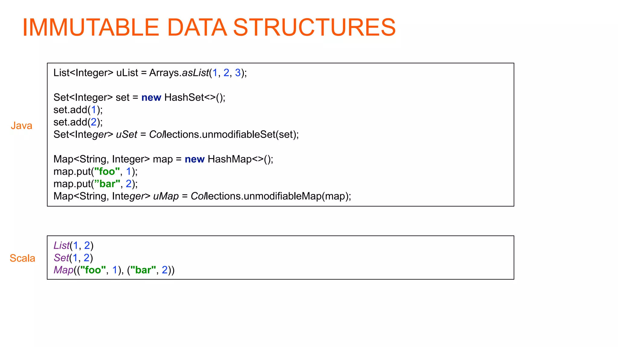 IMMUTABLE DATA STRUCTURES
Scala
List(1, 2)
Set(1, 2)
Map(("foo", 1), ("bar", 2))
List<Integer> uList = Arrays.asList(1, 2, 3);
Set<Integer> set = new HashSet<>();
set.add(1);
set.add(2);
Set<Integer> uSet = Collections.unmodifiableSet(set);
Map<String, Integer> map = new HashMap<>();
map.put("foo", 1);
map.put(”bar", 2);
Map<String, Integer> uMap = Collections.unmodifiableMap(map);
Java
 