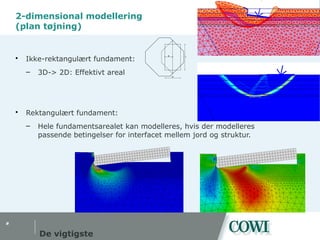 #
2-dimensional modellering
(plan tøjning)
De vigtigste
 Ikke-rektangulært fundament:
– 3D-> 2D: Effektivt areal
 Rektangulært fundament:
– Hele fundamentsarealet kan modelleres, hvis der modelleres
passende betingelser for interfacet mellem jord og struktur.
True Shape 1 True Shape 2
e e
b´
l´
 