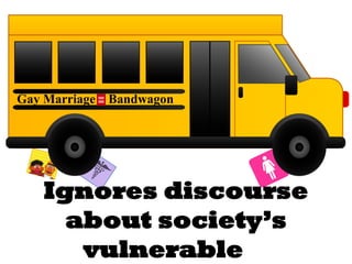 Gay Marriage Bandwagon



   Ignores discourse
     about society’s
      vulnerable
 