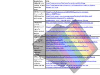 DISCRIPTION         SITE
11 Bert & Ernie     http://www.nerve.com/files/resize/bertandernie-600x450.jpg
12 $100 bill with   http://www.freakingnews.com/pictures/56500/Benjamin-Franklin-in-Mask-on-
health care         Money---56573.jpg
mask
12-13 Uninsured     http://www.huffingtonpost.com/2013/03/21/uninsured-americans-
Americans fact      2012_n_2918705.html
13 Medical box      http://media-social.s-msn.com/images/blogs/00120065-0000-0000-0000-
with money          000000000000_00000065-0763-0000-0000-
                    00000000000_2012123160204_081012_InsuranceMoney_300.jpg
14 CEDAW            https://twimg0-a.akamaihd.net/profile_images/367046811/cedawlogo.jpg
symbol
14-15 Women’s       http://www.cnn.com/2013/03/08/opinion/baldez-womens-equality-treaty
rights fact
15 We can do it     http://fkmahia.files.wordpress.com/2011/08/women-rights.jpg
picture
16 School bus       http://sweetclipart.com/multisite/sweetclipart/files/school%2Obus.png
16 Red equal        http://img.ibtimes.com/www/data/images/full/2013/03/28/357490-red-equal-sign-
marriage sign       gay-marriage-equality.JPG
16 Bert & Ernie     http://t2.gstatic.com/images?q=tbn:ANd9GcRUu1_CckJtyNsnIuOnIycFH3G0I7hiIYt-
                    E4AE3tCpj7KMRN1i-GfoMNHx
16 Healthcare       http://scm-I3.technorati.com/11/07/20/45057/Healthcare-Reform-
symbol              Act.jpg?t=20110720145533
16 Women’s          http://www.perfectlyspaced.com/itemImages/womenbathroom.jpg
bathroom
symbol
17 Gay flag         http://upload.wikimedia.org/wikipedia/commons/0/03/Drawing-Gay_flag.png
colors with pen
18 Rainbow          http://s1.favim.com/orig/11/colorful-cute-photography-rainbow-colors-rainbow-
reflection          umbrella-Favim.com-176014.jpg
19 Gay flag box     http://rlv.zcache.com/rainbow_Igbt_pride_flag_premium_gift_box-
                    r93f096612c294f3a9a81ccc0ba38e546_agn16_400.jpg
 