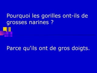 Pourquoi les gorilles ont-ils de
grosses narines ?



Parce qu'ils ont de gros doigts.
 