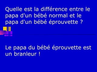 Quelle est la différence entre le
papa d'un bébé normal et le
papa d'un bébé éprouvette ?



Le papa du bébé éprouvette est
un branleur !
 